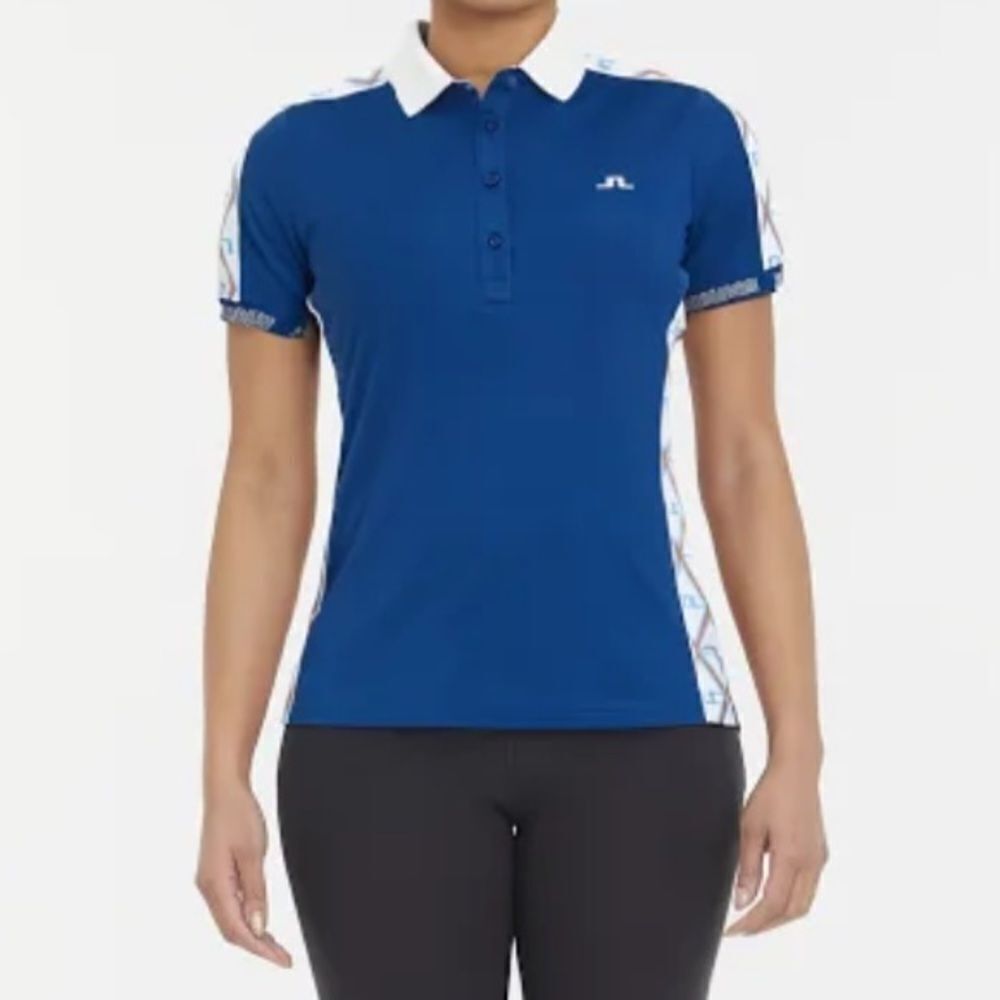 J.Lindeberg Navy Polo Shirt with Patterned Sleeves in Size XS